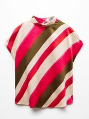 Mango Diagonal Stripe Short-Sleeve Blouse in Pink, Olive & Cream